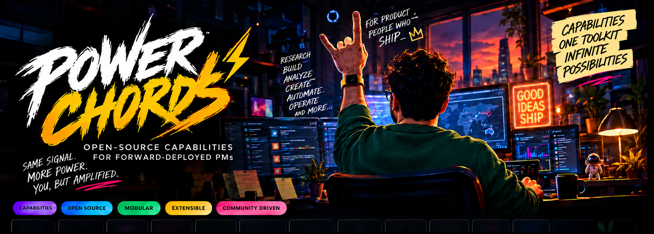 Power Chords: open-source capabilities for product people who ship. A builder in a green sweater raises a rock-on salute at a sunset-lit workspace.
